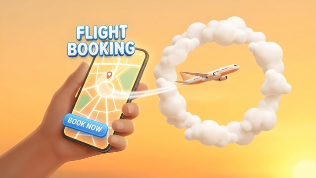 Flight booking app on a smartphone, with an airplane flying through clouds towards a destination