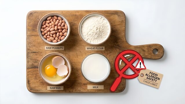 Four common food allergens - peanuts, flour, egg, and milk - are displayed in separate bowls on a wooden cutting board.