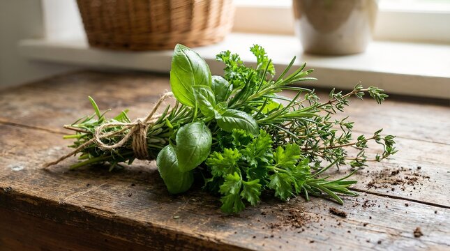 A bundle of fresh culinary herbs tied with twine on a rustic wooden table, including basil, parsley, rosemary, and thyme