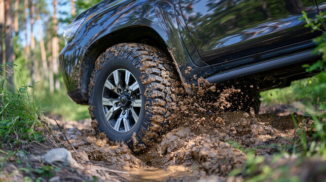 Extreme close up of a black offroad tire crushing through thick wet mud on a forest road, deep aggressive tread packed with dirt, muddy droplets flying from the rotating wheel, warm summer sunbeams 