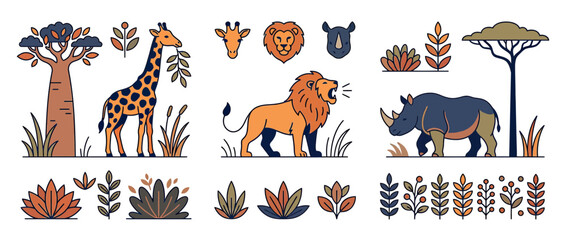 Obraz premium African Safari Animals and Flora Isolated Vector Illustrations