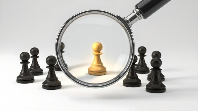 A magnified view of a unique white chess pawn surrounded by black pawns, symbolizing individuality and distinction