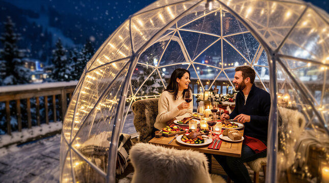 Couple enjoying romantic dinner under illuminated dome in snowy landscape. Tourism, hospitality, winter getaway, date night.