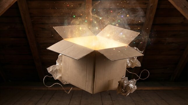 A cardboard box opens in a dusty attic, releasing a magical, glowing light and sparkling dust. The box sits on wooden beams under a sloping roof