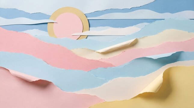 A pastel-colored paper art depicting a serene landscape with a rising sun, rolling hills, and soft clouds. The scene evokes a sense of peace and tranquility