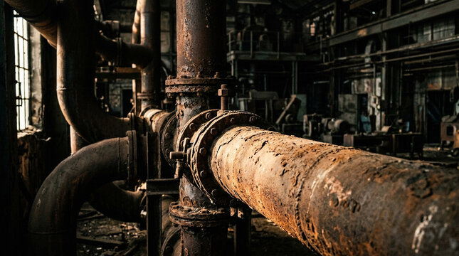 Old Rusty Industrial Pipes in Abandoned Factory