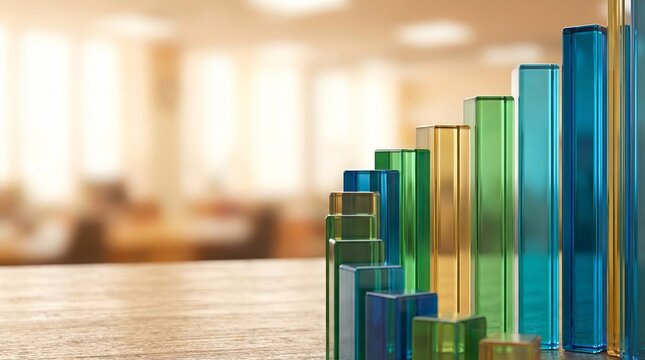 A series of colorful glass bars arranged in an ascending order, representing growth and progress. The blurred background suggests an office environment