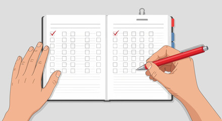 Obraz premium Hands filling out checklist on paper planner page with red pen