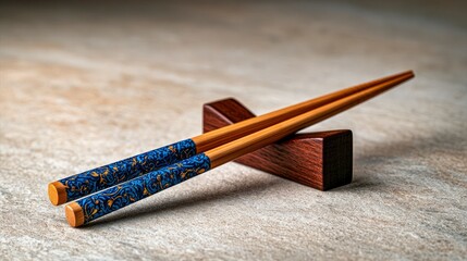 Naklejka premium Wooden chopsticks with blue patterned handles resting on a timber holder atop a stone surface in a macro shot for culinary branding
