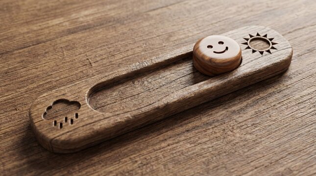 A wooden mood tracker with a smiling face for sunny weather and a cloud with raindrops for rainy days, placed on a wooden surface