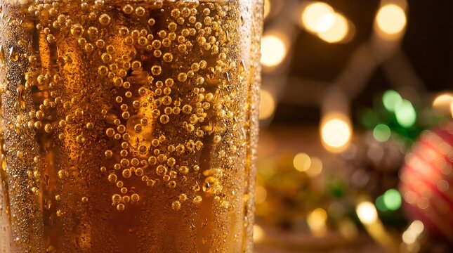 A close-up of a fizzy drink with tiny bubbles rising in a glass, with festive blurred lights and ornaments in the background.