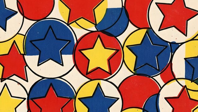 A graphic pattern featuring a repeating motif of circles containing stars in red, blue, and yellow