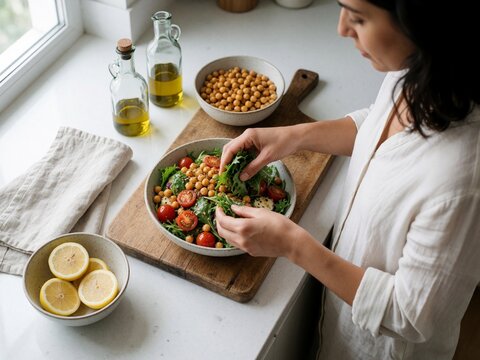 Woman preparing fresh chickpea and arugula salad in a white bowl