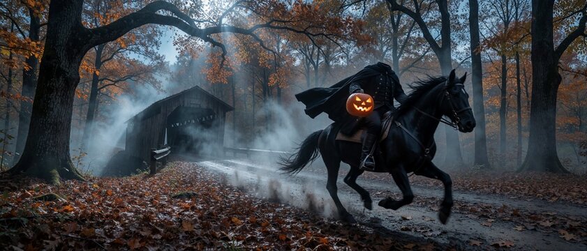 Headless Horseman riding a black horse through a misty autumn forest