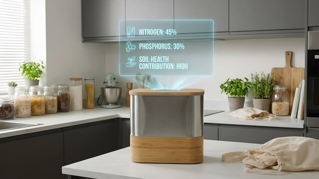 Smart kitchen compost bin with digital display showing soil analysis data, promoting sustainability and healthy eating in a modern home