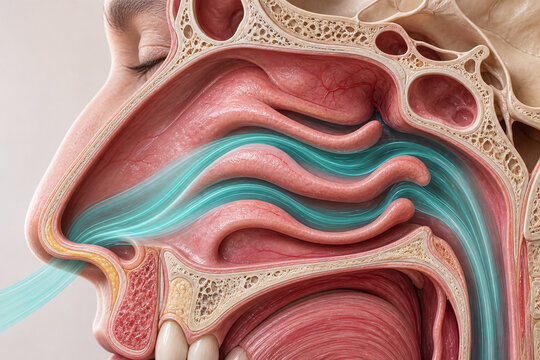 Nasal airflow through septum cutaway medical illustration