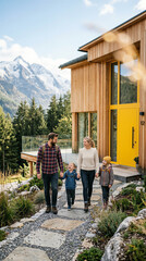 Obraz premium Family of four walking toward modern wooden house in mountain landscape. Vacation home, real estate, family travel, outdoor living.