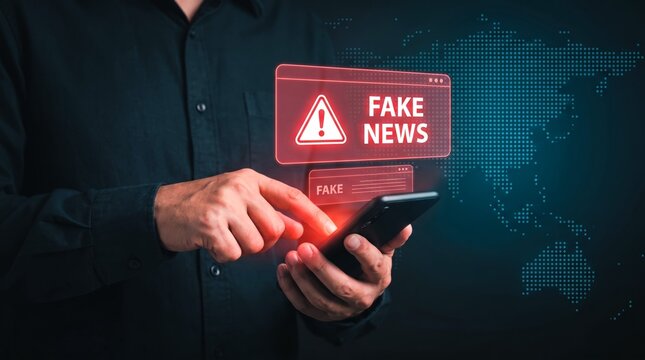 Professional man using digital smartphone to identify dangerous red glowing fake news alert popups in a dark modern studio environment