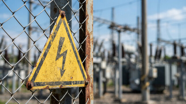 High Voltage Warning Sign on Metal Fence at Power Substation