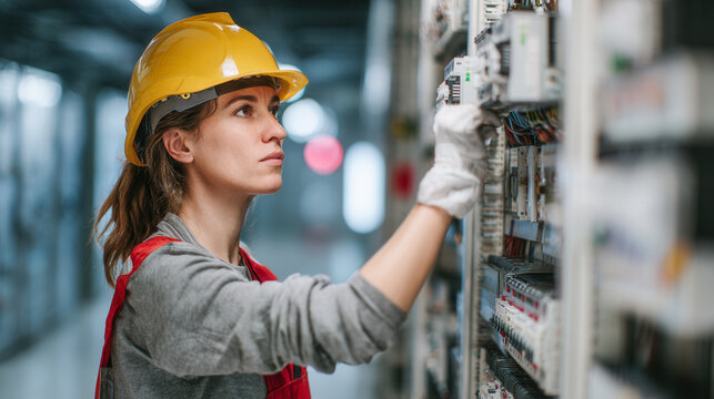 Female electrician servicing industrial electrical cabinet