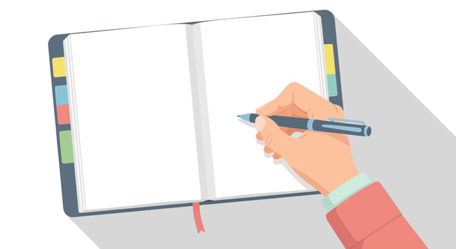 Hand writing in open notebook with pen