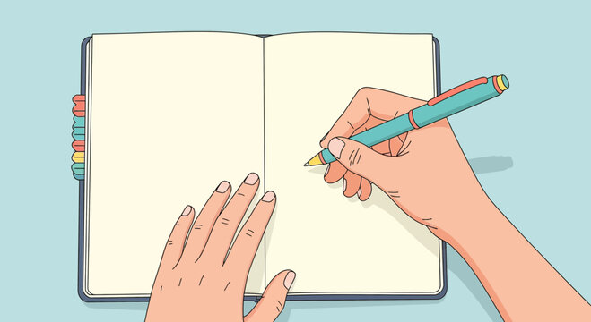 Hand writing in open notebook with pen overhead view creative idea planning