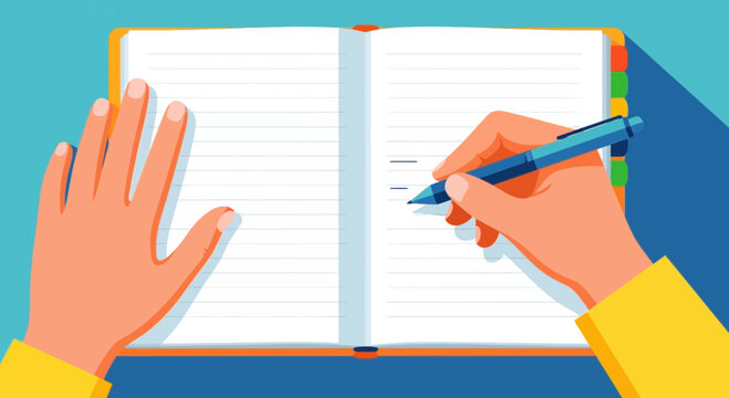 Hand writing in open notebook with pen overhead view flat design