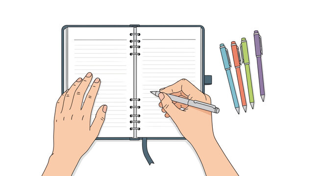 Hand writing in open notebook with pens on white background