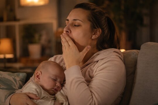 Tired mother yawning while holding sleeping baby