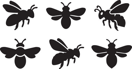 Fototapeta premium Bee vector silhouettes honey bees flying insects icons set