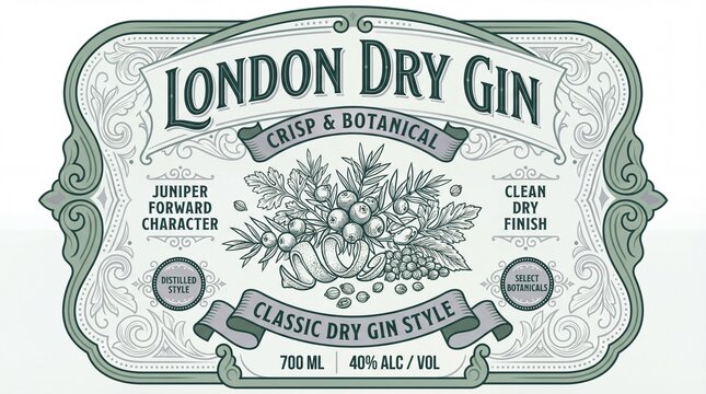 Creative cute print of London Dry Gin label showing ingredients and style information