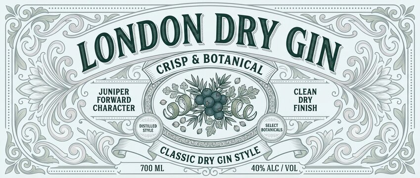 Creative print of a London Dry Gin label showing details of juniper, botanicals, and gin style