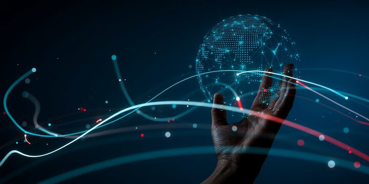 Abstract global connectivity concept with hand touching digital planet earth and glowing data streams for international communication and information technology web.