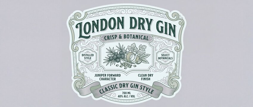 Creative cute print of a gin label featuring botanical elements and clear text details about the drink style and character