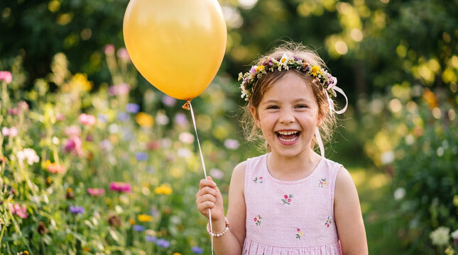 Happy girl with yellow balloon in sunny flower garden
