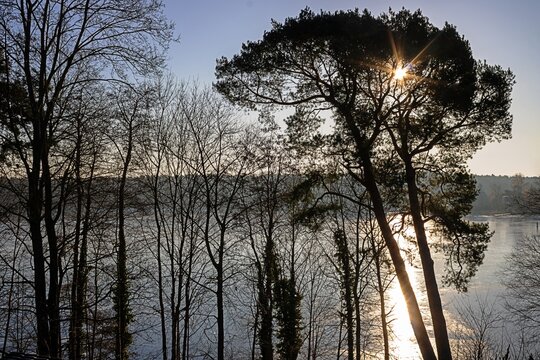erkner, deutschland - morgensonne &uuml;ber dem brandenburger flakensee