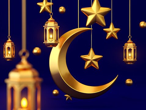 Golden crescent moon stars and lanterns hanging against a deep blue background for Ramadan celebrations