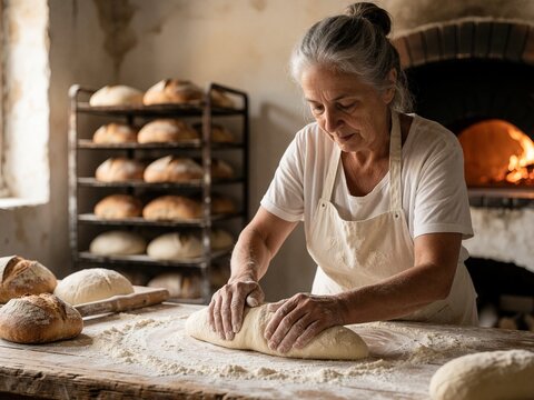 Elderly Woman Kneading Bread Dough in Rustic Bakery