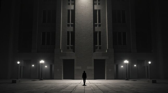 Una figura humana solitaria bajo un edificio de piedra monumental durante la noche; una imponente fachada de mamposter&iacute;a