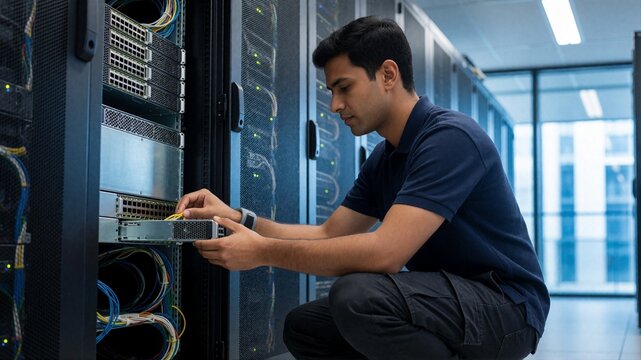 IT Technician installing server hardware in data center