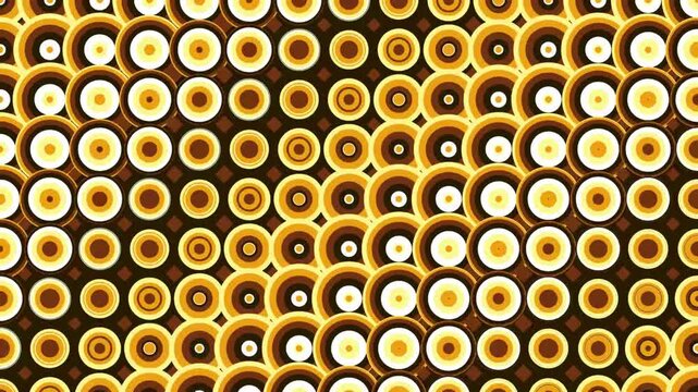 Retro 1970s style animated concentric circles grid with undulating golden yellow and brown geometric wave pattern