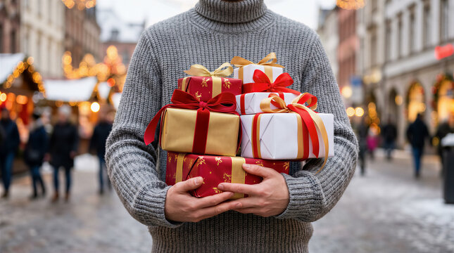 Person holding stack of wrapped gifts in festive street. Holiday shopping, Christmas, gift giving, winter season, urban setting.