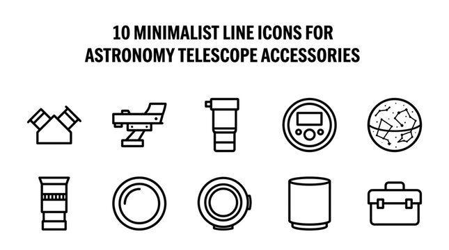 Ten minimalist blackline icons representing various astronomy and telescope accessories arranged in two rows