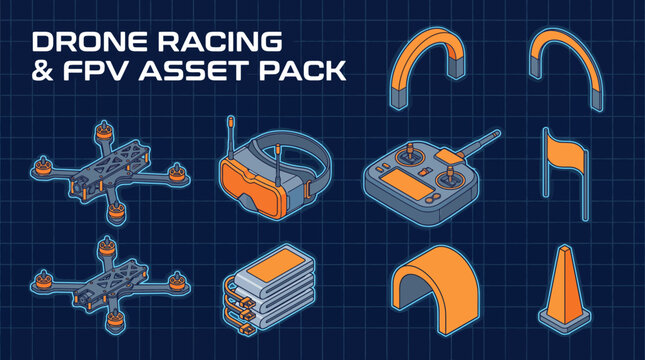 Isometric collection of drone racing and FPV gear including drones goggles transmitter batteries and track obstacles