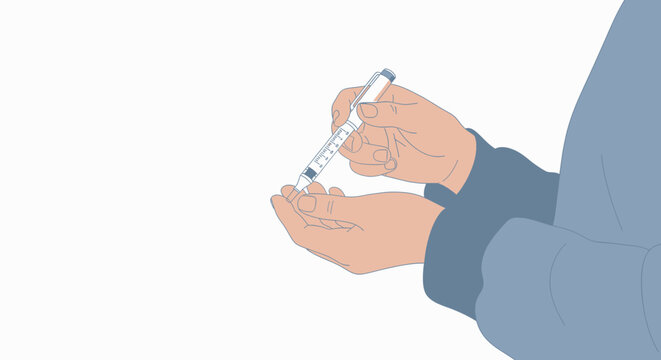 Minimalist medical illustration with hands holding an insulin pen injector against a white background, concept for diabetes care and self-treatment, ideal for health articles and medical posters