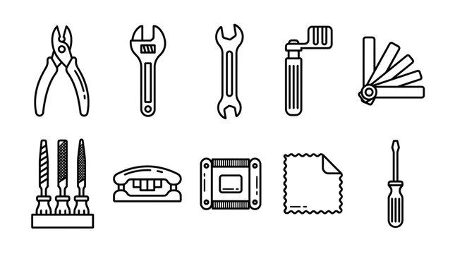 Ten blackline icons of various workshop tools arranged in two rows against a white background