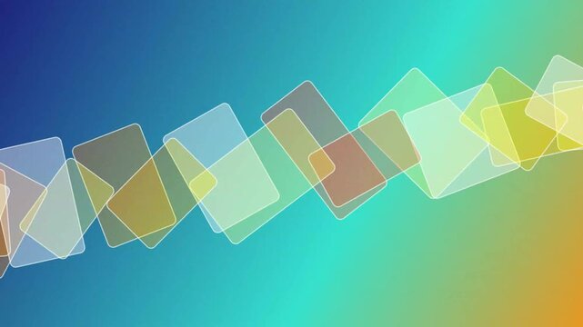 Multi colored floating rounded square shapes forming a rhythmic sequence across a soft gradient teal display