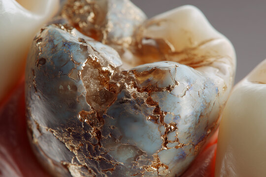 Cracked molar tooth with gold kintsugi veins and marbled texture