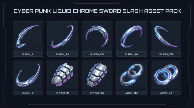 A grid of ten Cyberpunkthemed digital assets featuring chrome sword slashes metallic armor plates and glowing joints