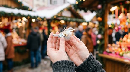 Obraz premium Hands holding glass bird ornament at Christmas market. Holiday shopping, festive season, winter celebration, retail, gift buying.